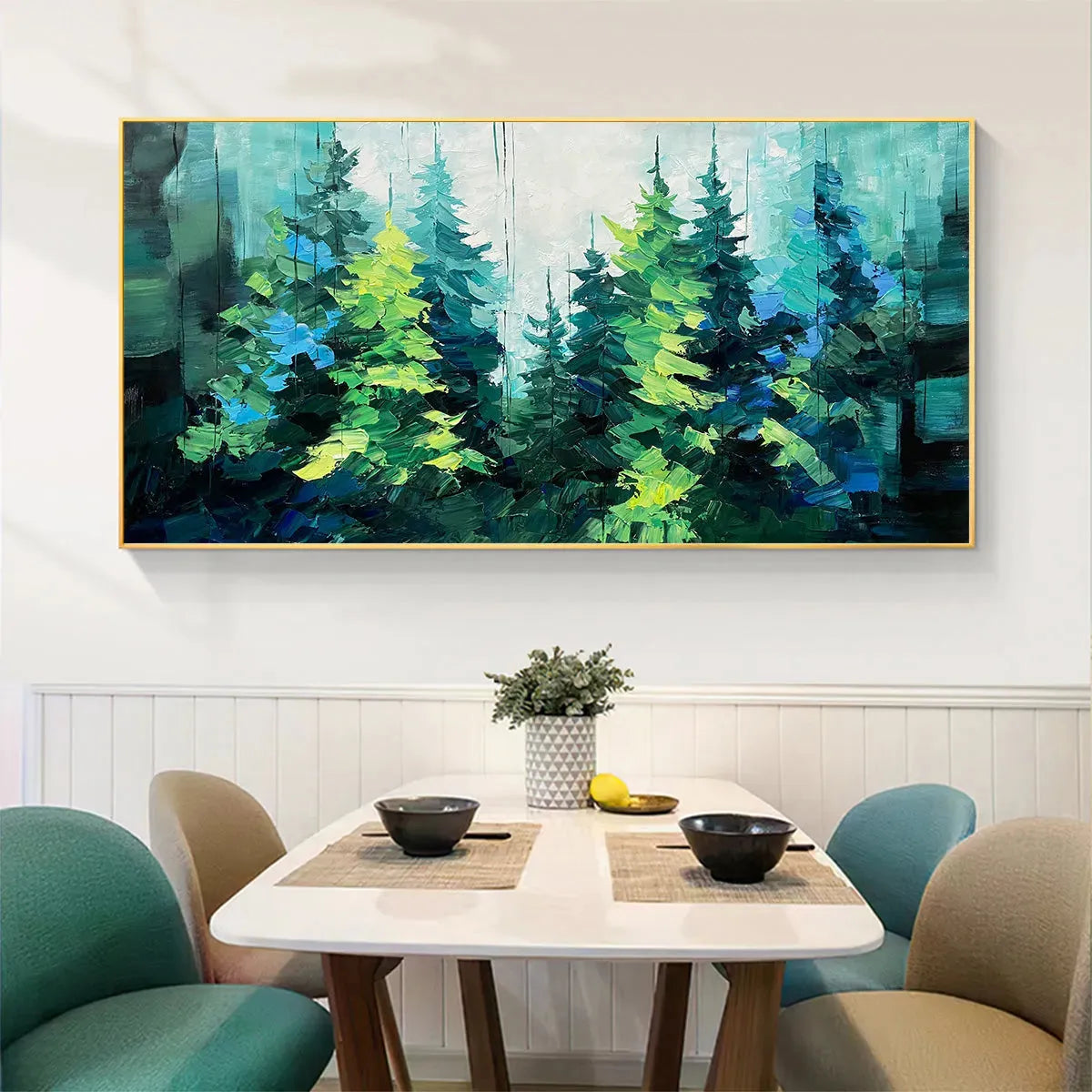 Emerald Forest hand-painted emerald green and ivory textured forest landscape painting shown as stretched canvas