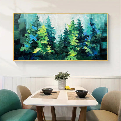 Emerald Forest hand-painted emerald green and ivory textured forest landscape painting shown as stretched canvas