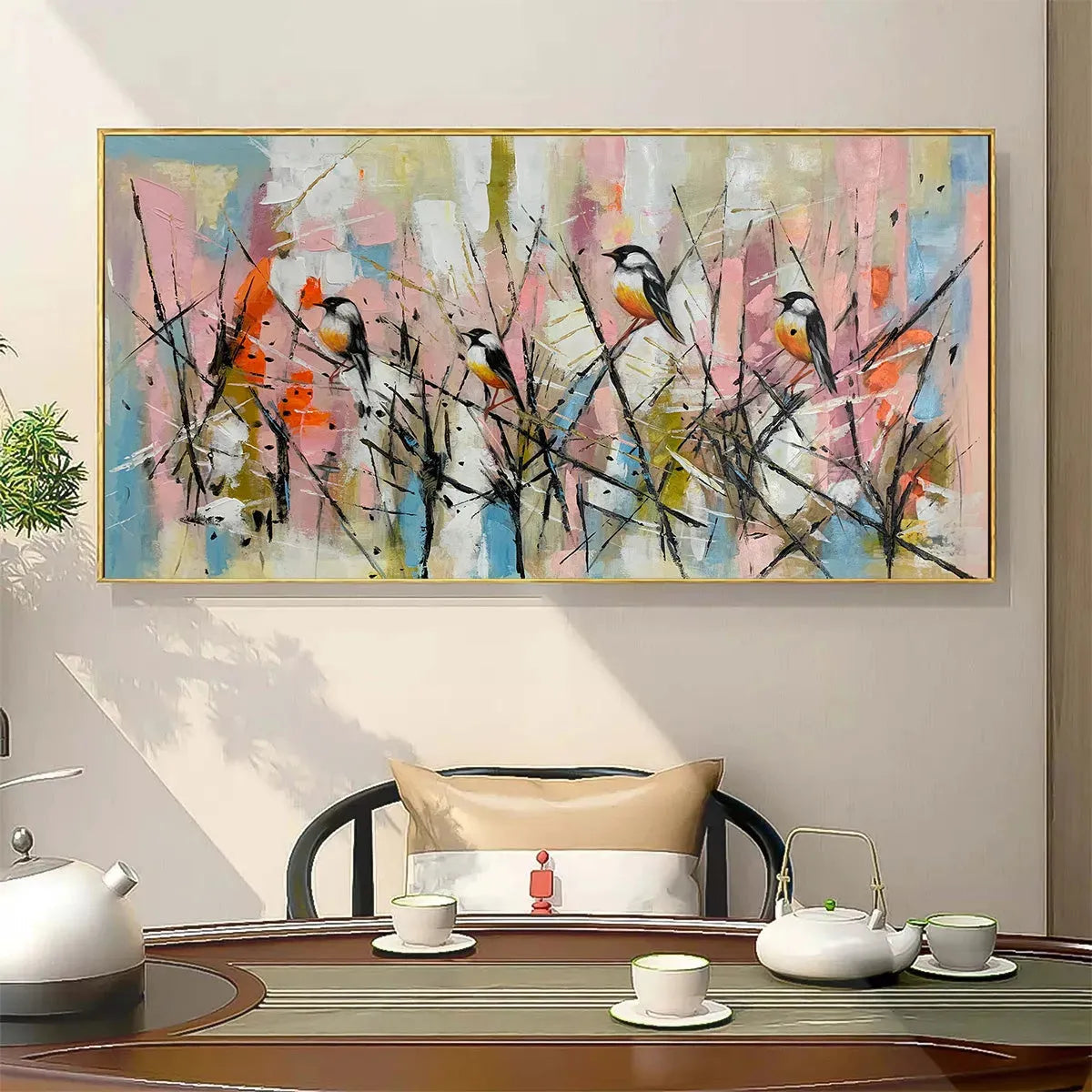 Blue and Pink Bird Oil Painting – Whimsical Birds