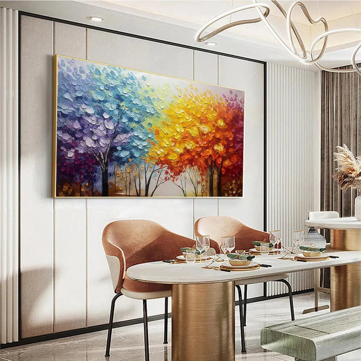Autumn Rainbow hand-painted crimson, golden yellow, turquoise and violet textured tree painting shown with white frame