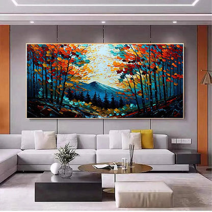 Autumn Vibes hand-painted crimson, golden yellow, turquoise and violet textured forest landscape painting shown as stretched canvas