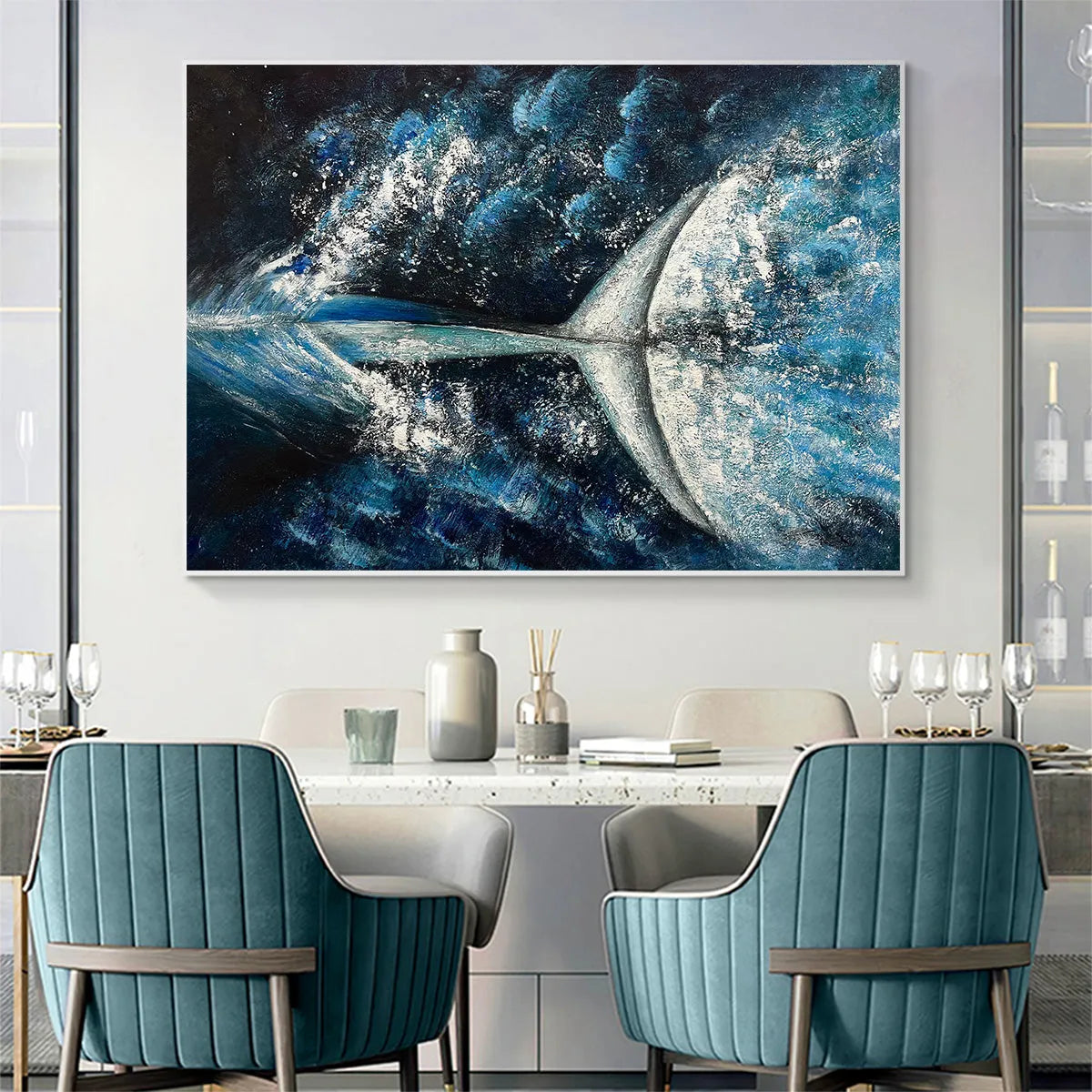 Whale's Grace hand-painted ocean blue and ivory textured whale ocean painting shown as stretched canvas