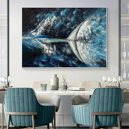 Whale's Grace hand-painted ocean blue and ivory textured whale ocean painting shown as stretched canvas
