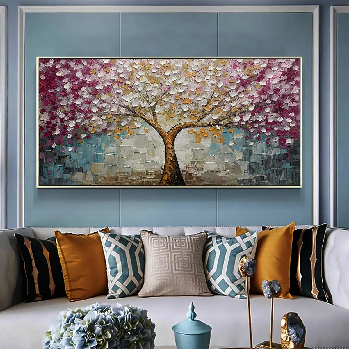 Cherry Blossom Dream hand-painted gold and pink textured blossom tree painting shown with white frame