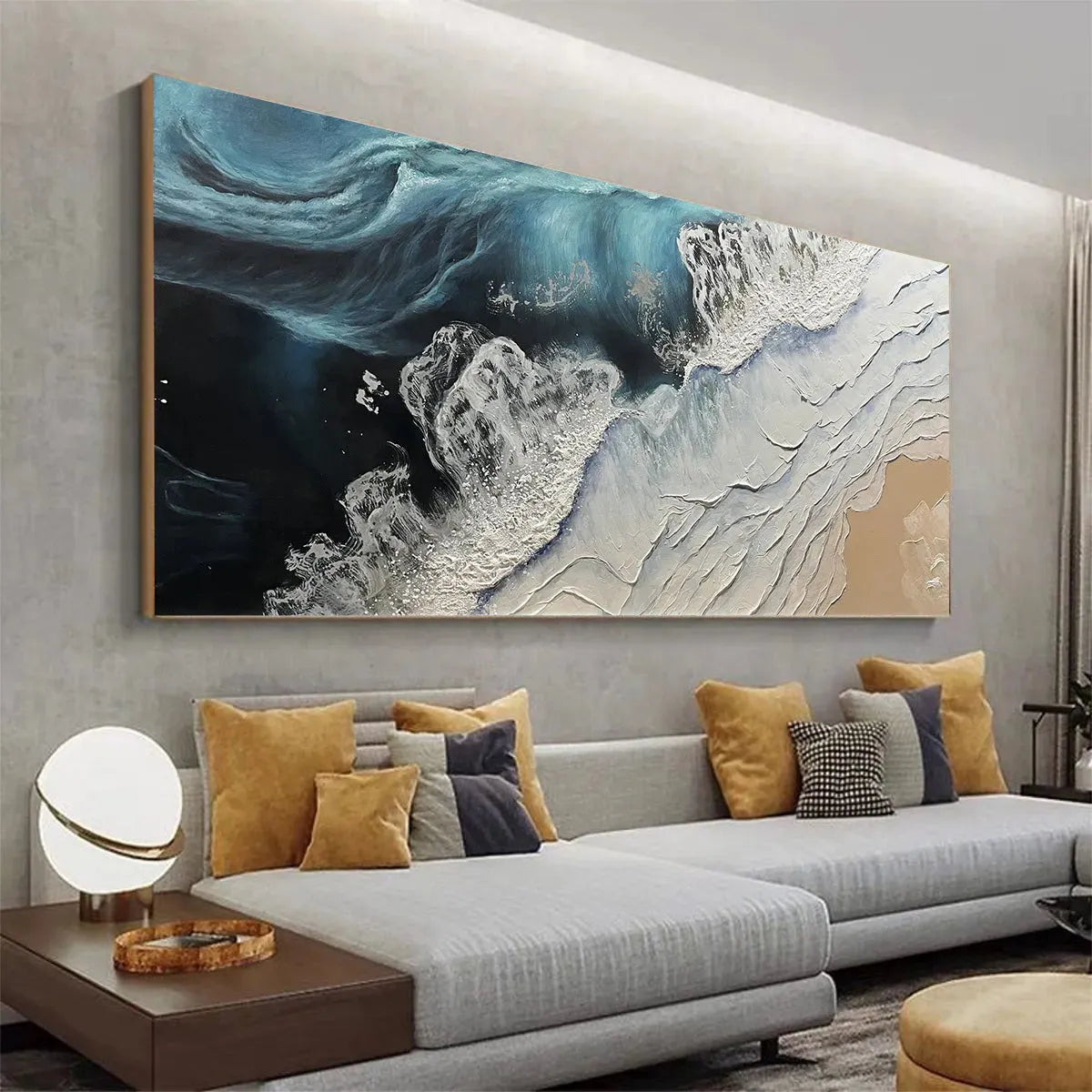 Ocean’s Embrace hand-painted white, beige and ocean blue textured seascape painting shown with black frame