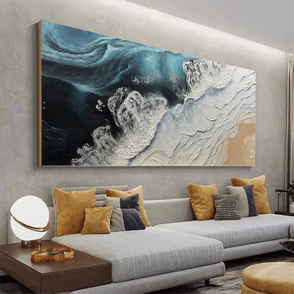 Ocean’s Embrace hand-painted white, beige and ocean blue textured seascape painting shown with black frame