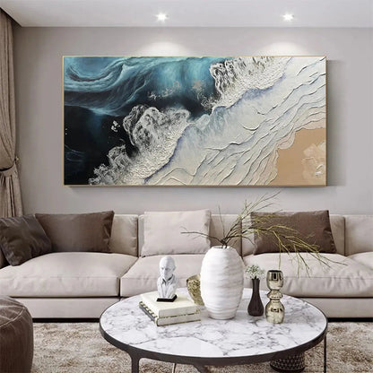 Ocean’s Embrace hand-painted white, beige and ocean blue textured seascape painting shown as stretched canvas