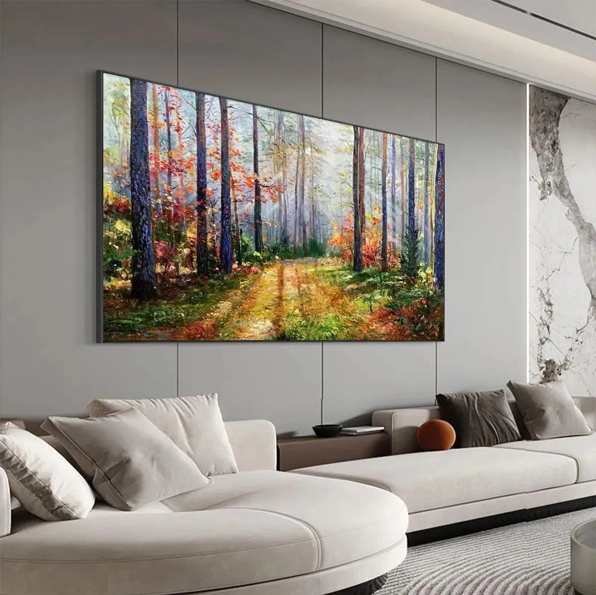 Autumn Forest Path hand-painted crimson, golden yellow, turquoise and violet textured forest path painting shown as stretched canvas