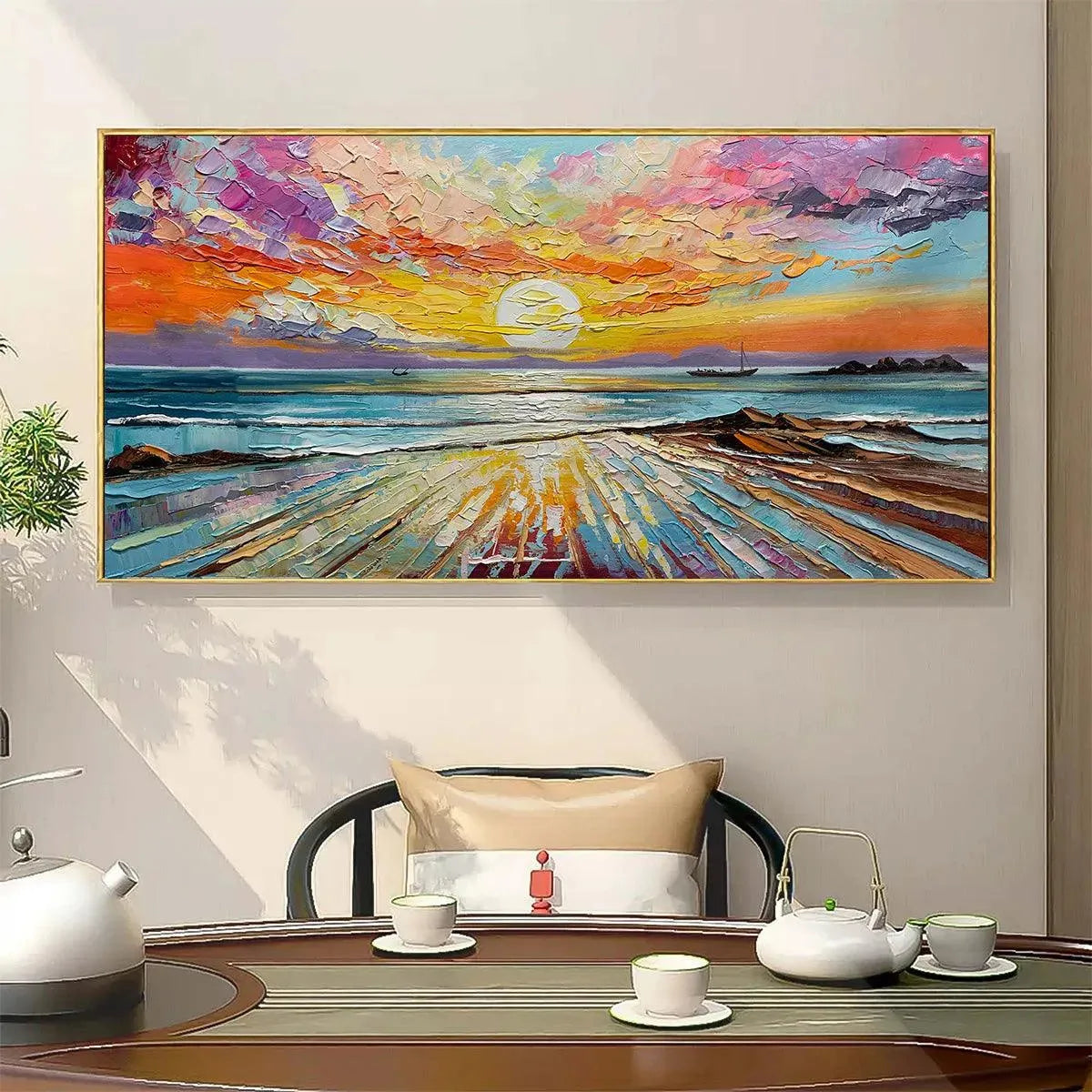 Radiant Horizon hand-painted ocean blue, ivory and soft neutral tones textured sunset seascape painting rolled canvas option