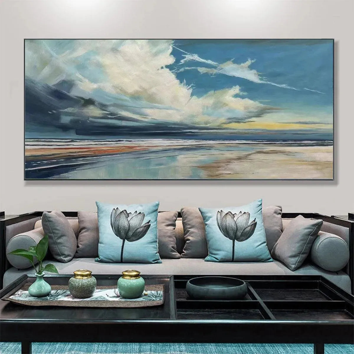Blue Beachscape hand-painted ocean blue and ivory textured seascape painting shown with white frame