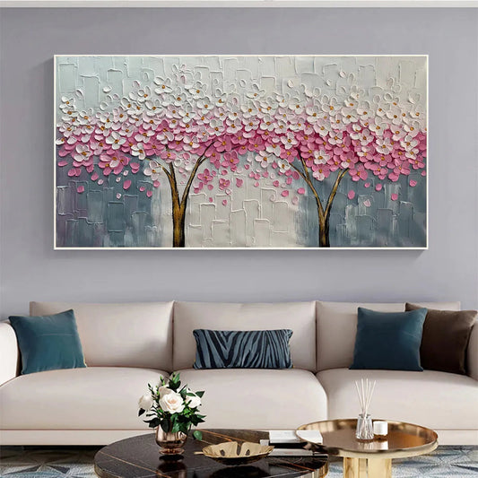 Spring Blossom hand-painted white and pink textured blossom tree painting shown as stretched canvas