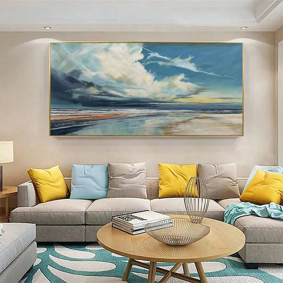 Blue Beachscape hand-painted ocean blue and ivory textured seascape painting shown with wood frame