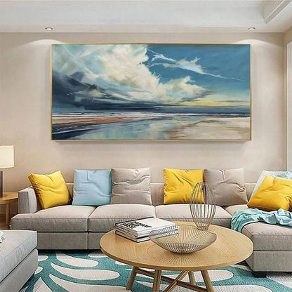 Blue Beachscape hand-painted ocean blue and ivory textured seascape painting shown with wood frame