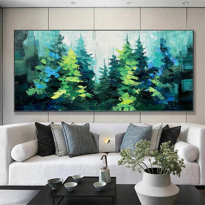Emerald Forest hand-painted emerald green and ivory textured forest landscape painting shown as stretched canvas