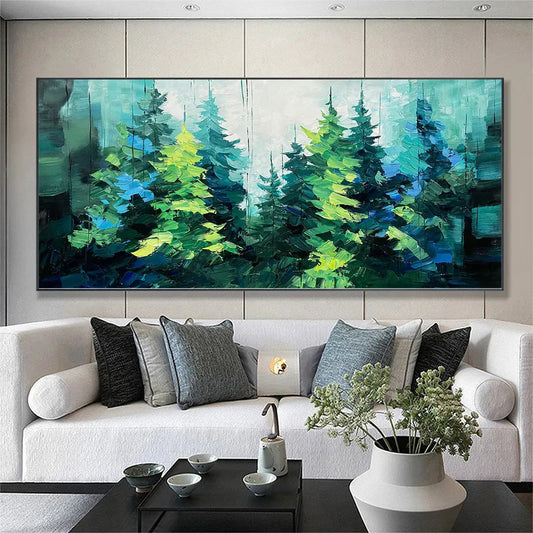 Emerald Forest hand-painted emerald green and ivory textured forest landscape painting shown as stretched canvas