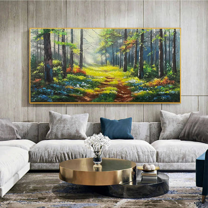 Forest Path hand-painted green and ivory textured forest path painting shown with white frame