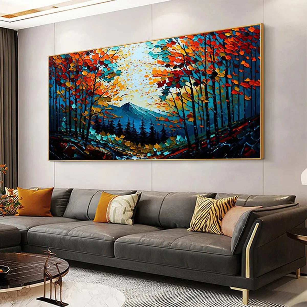Autumn Vibes hand-painted crimson, golden yellow, turquoise and violet textured forest landscape painting shown with white frame