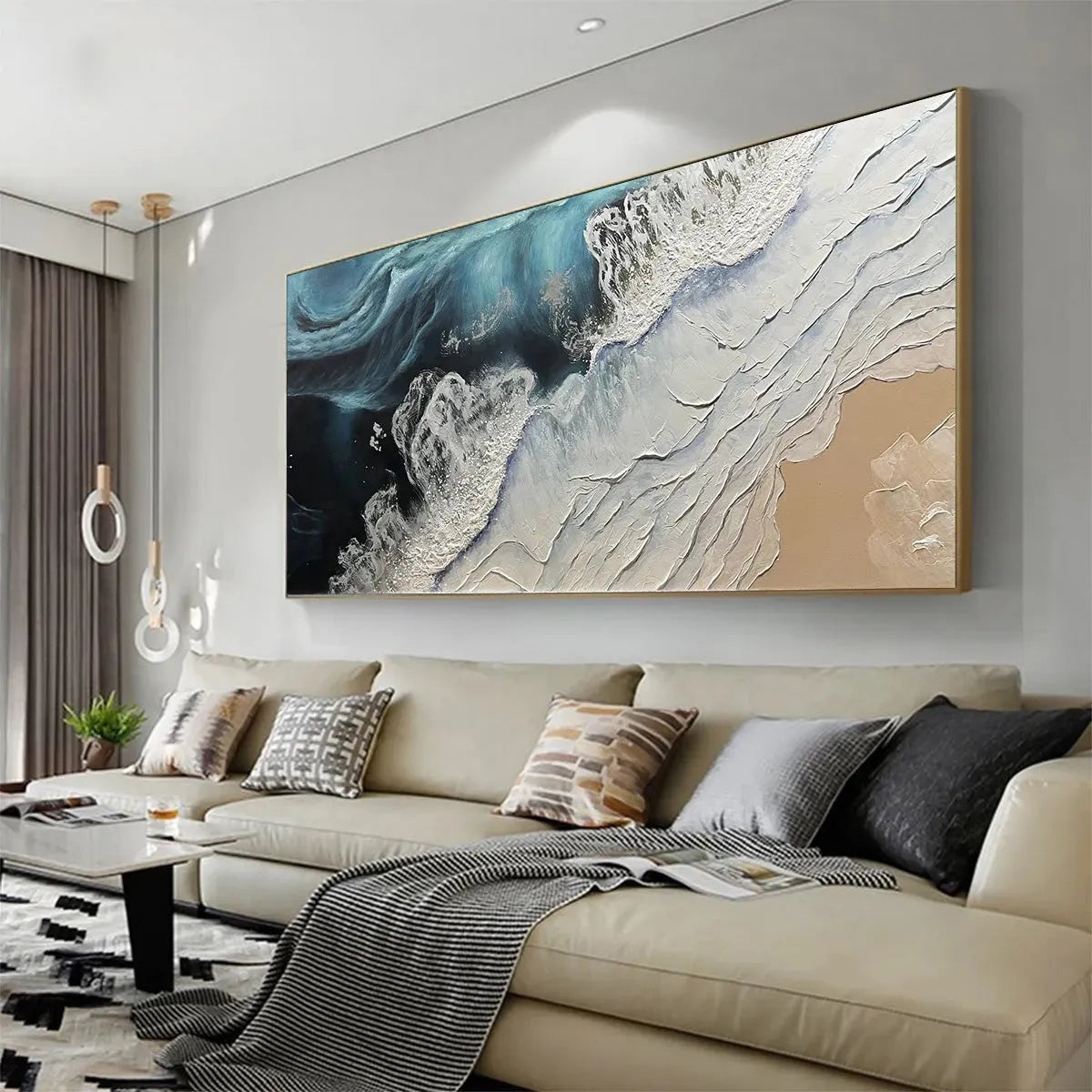 Ocean’s Embrace hand-painted white, beige and ocean blue textured seascape painting shown with white frame