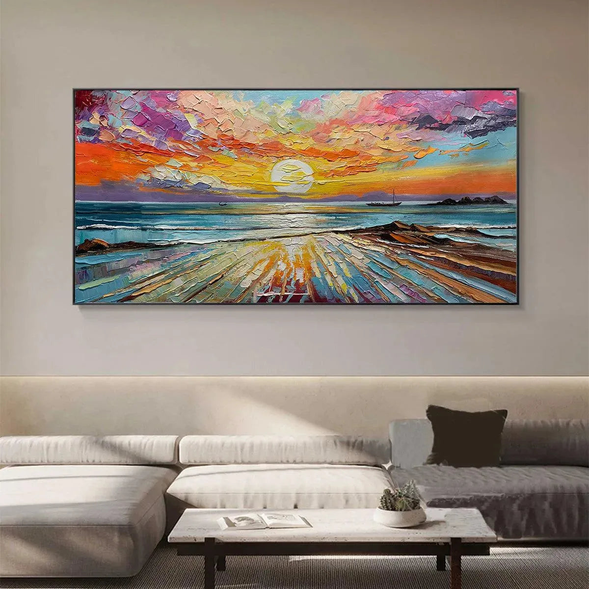 Radiant Horizon hand-painted ocean blue, ivory and soft neutral tones textured sunset seascape painting shown with white frame