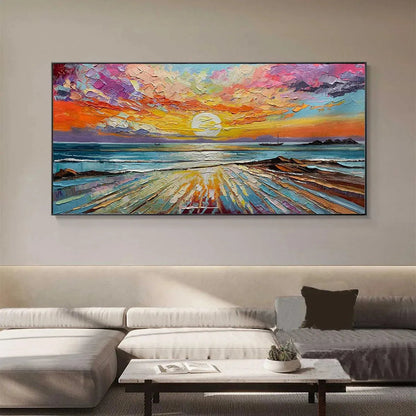 Radiant Horizon hand-painted ocean blue, ivory and soft neutral tones textured sunset seascape painting shown with white frame