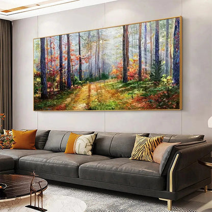 Autumn Forest Path hand-painted crimson, golden yellow, turquoise and violet textured forest path painting shown with white frame