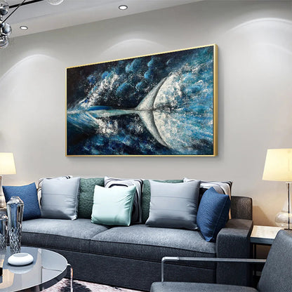 Whale's Grace hand-painted ocean blue and ivory textured whale ocean painting shown with white frame