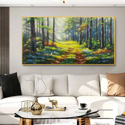 Forest Path hand-painted green and ivory textured forest path painting shown with black frame