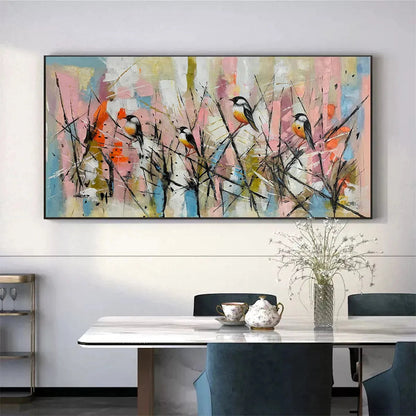 Blue and Pink Bird Oil Painting – Whimsical Birds