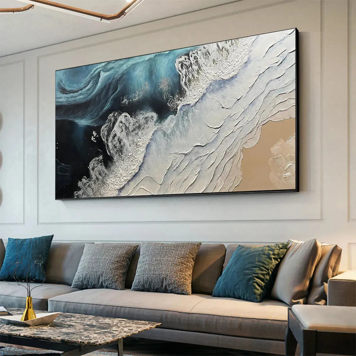 Ocean’s Embrace hand-painted white, beige and ocean blue textured seascape painting shown as stretched canvas
