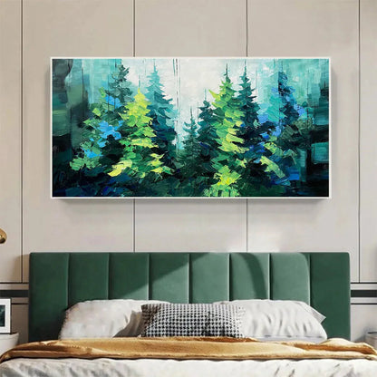 Emerald Forest hand-painted emerald green and ivory textured forest landscape painting shown with white frame