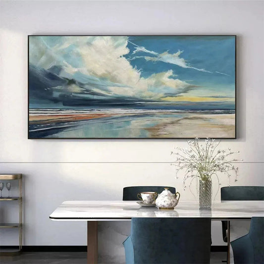 Blue Beachscape hand-painted ocean blue and ivory textured seascape painting shown as stretched canvas
