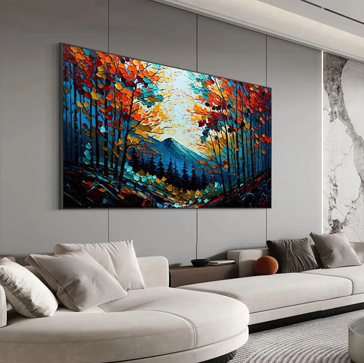 Autumn Vibes hand-painted crimson, golden yellow, turquoise and violet textured forest landscape painting shown with wood frame