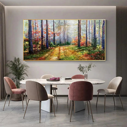 Autumn Forest Path hand-painted crimson, golden yellow, turquoise and violet textured forest path painting rolled canvas option