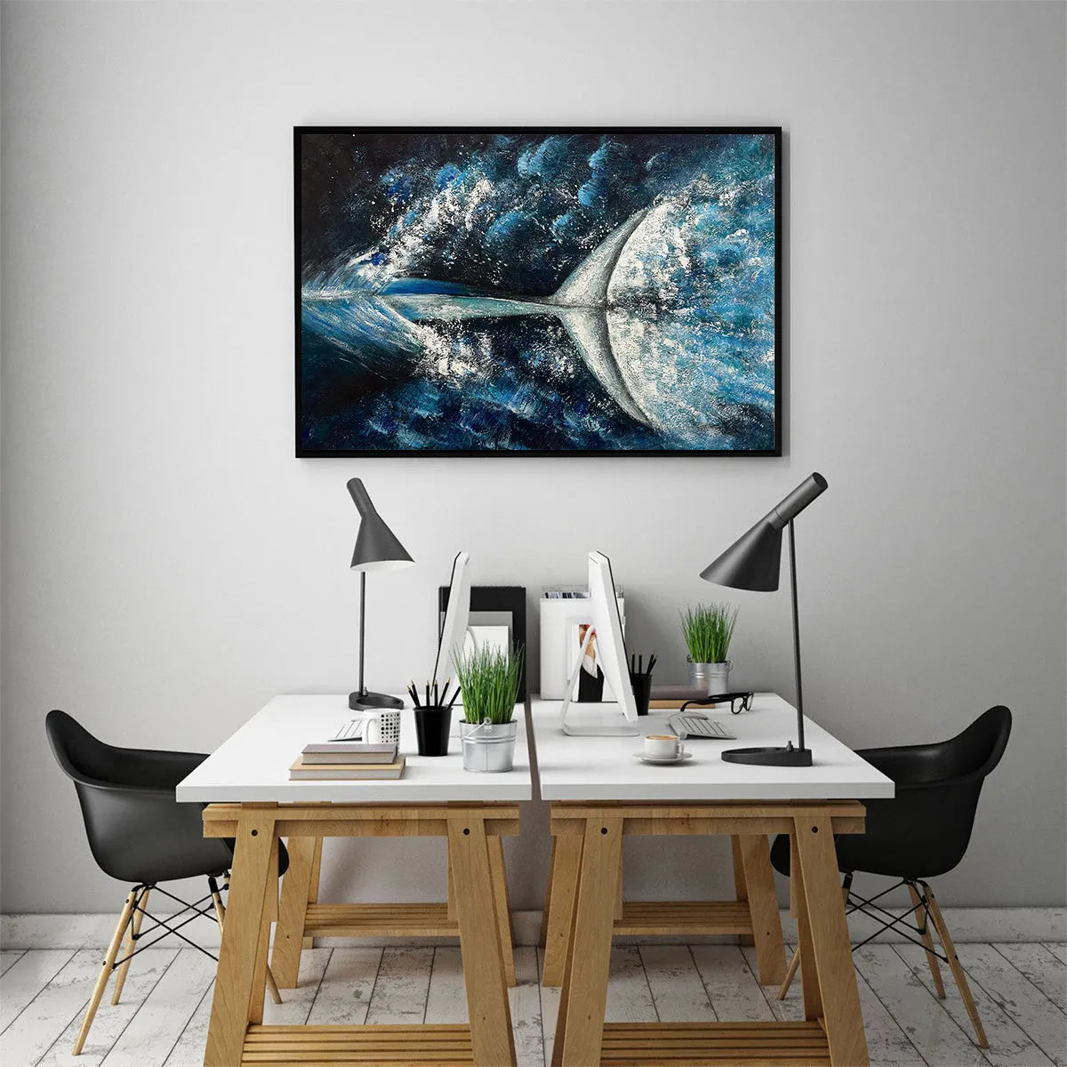 Whale's Grace hand-painted ocean blue and ivory textured whale ocean painting shown with wood frame