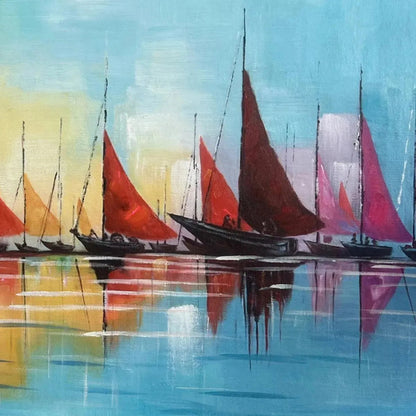 Regatta hand-painted ocean blue and orange textured sailboat seascape painting shown with black frame