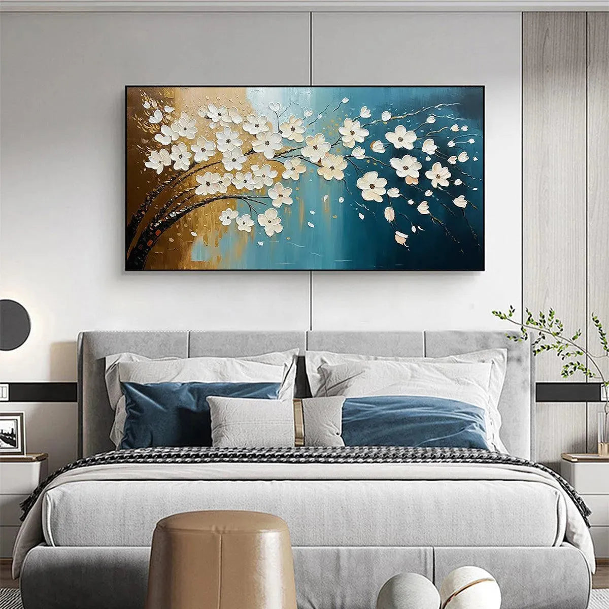 Hand-Painted Floral Oil Painting – Blue & Gold