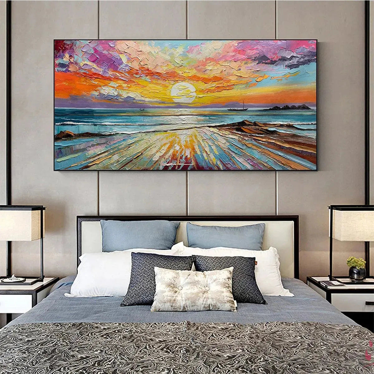 Radiant Horizon hand-painted ocean blue, ivory and soft neutral tones textured sunset seascape painting shown with wood frame