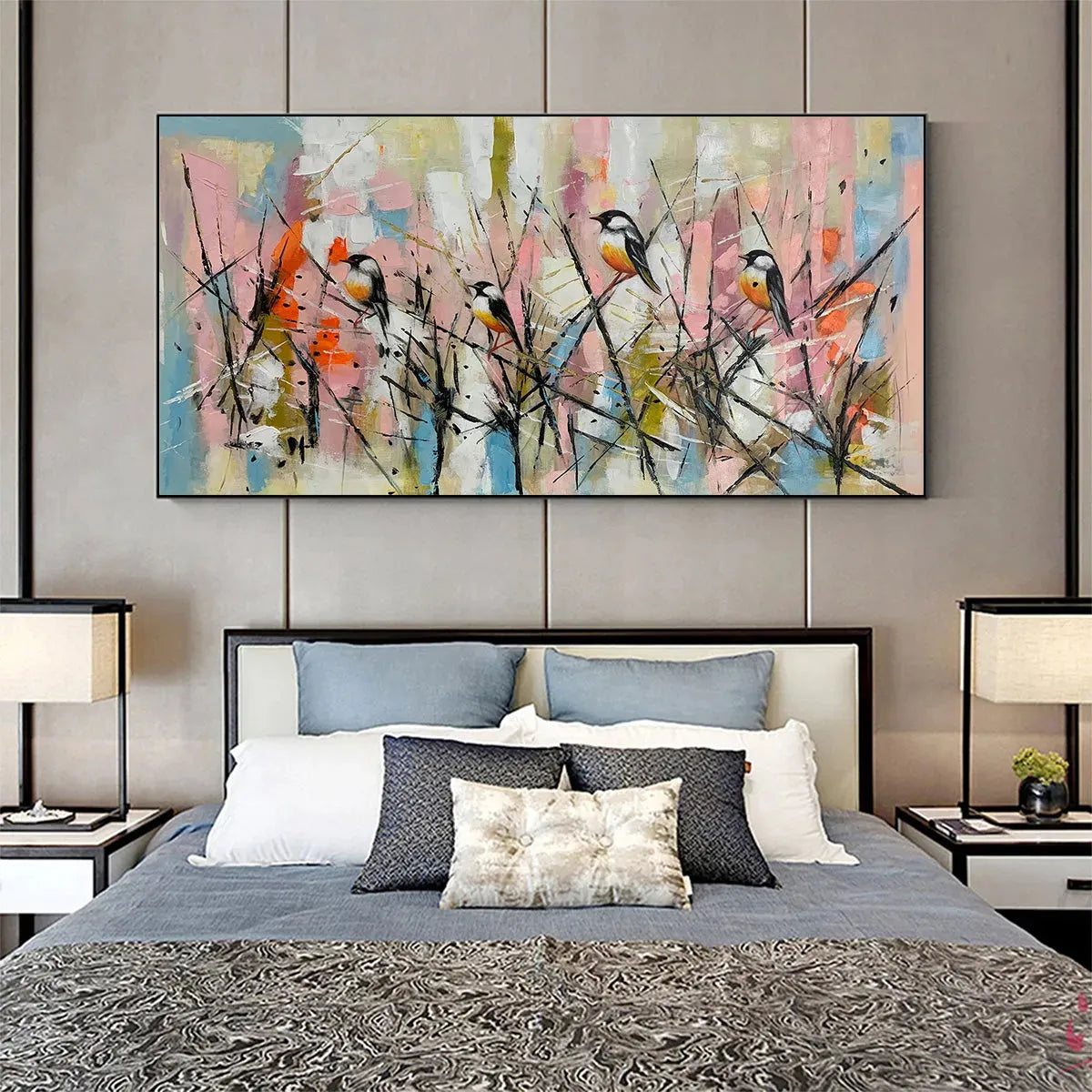Blue and Pink Bird Oil Painting – Whimsical Birds