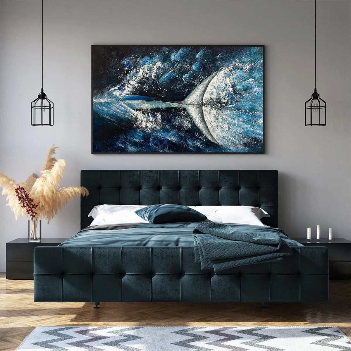 Whale's Grace hand-painted ocean blue and ivory textured whale ocean painting rolled canvas option