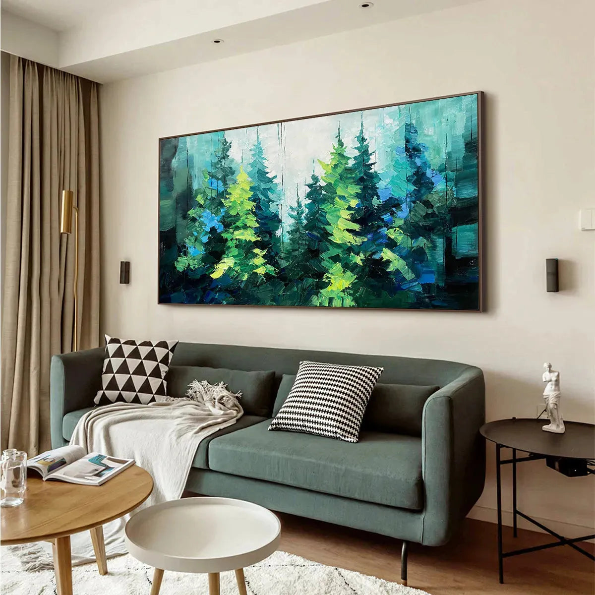 Emerald Forest hand-painted emerald green and ivory textured forest landscape painting shown with black frame