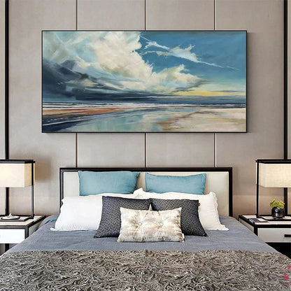 Blue Beachscape hand-painted ocean blue and ivory textured seascape painting rolled canvas option