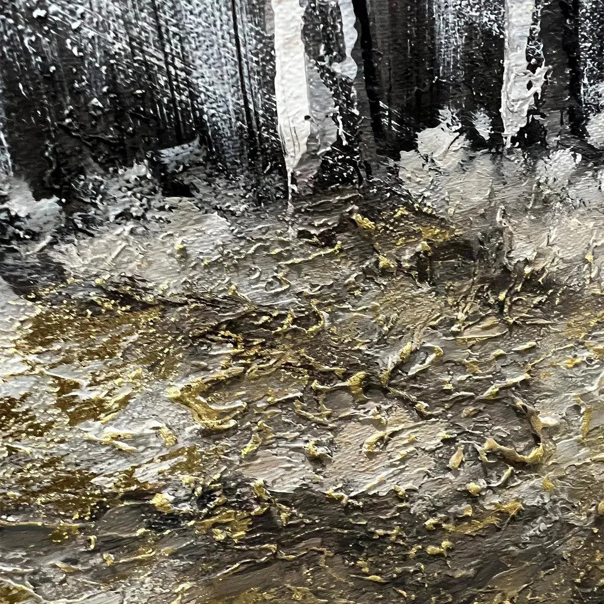 Golden Birchwood hand-painted gold and ivory textured forest landscape painting shown with gold frame
