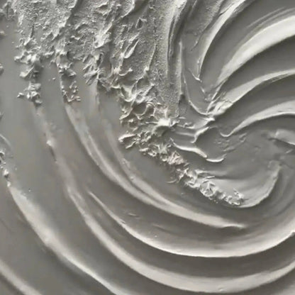 Whirlwind hand-painted white and soft beige textured coastal abstract painting shown with white frame