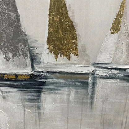 Golden Regatta hand-painted gold and ivory textured sailboat seascape painting shown with gold frame