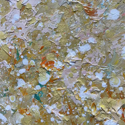Aspen Glow hand-painted forest green, soft grey and warm earth tones textured forest landscape painting shown with gold frame