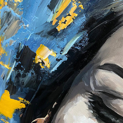 Blue and Gold Figurative Oil Painting – Golden Muse