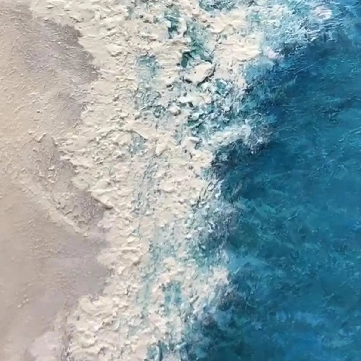 Azure Coast hand-painted beige, azure blue and ocean blue textured coastal abstract painting shown with gold frame