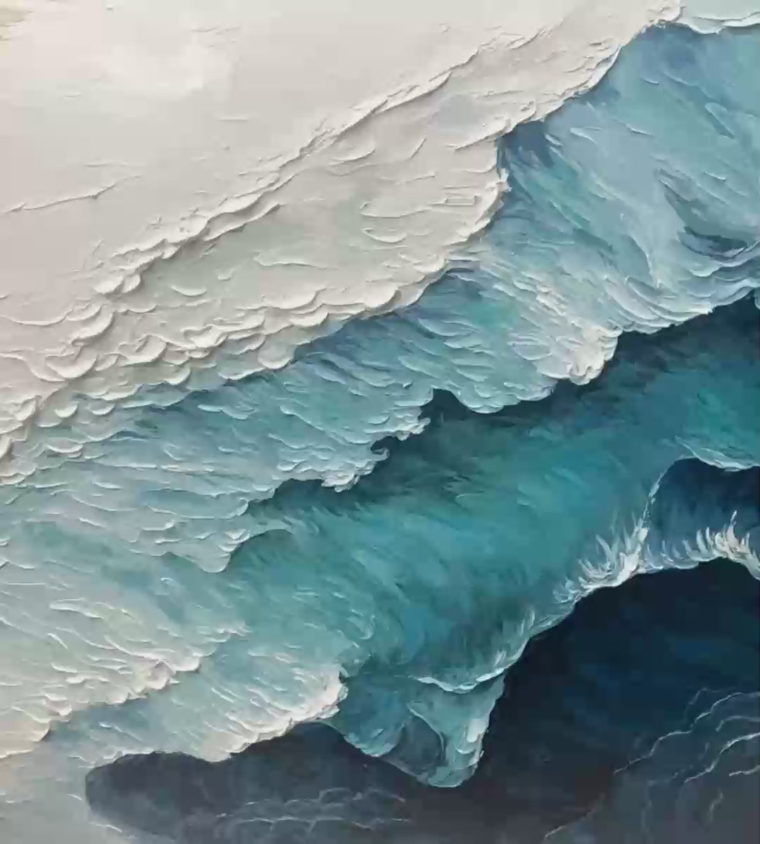 Ocean Whispers hand-painted white and ocean blue textured seascape painting shown with gold frame