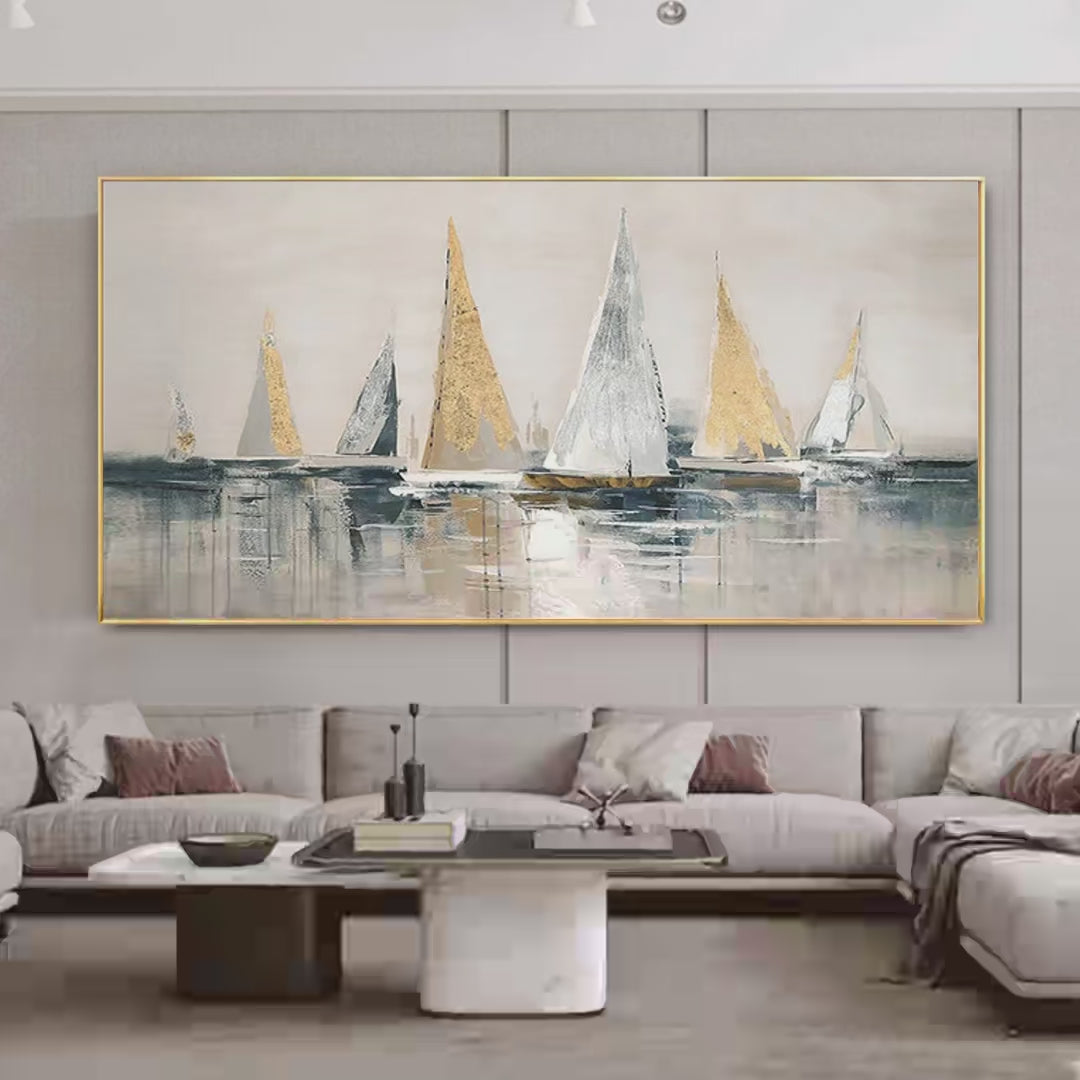 Golden Sailboats hand-painted white, ocean blue and gold textured sailboat seascape painting shown as stretched canvas