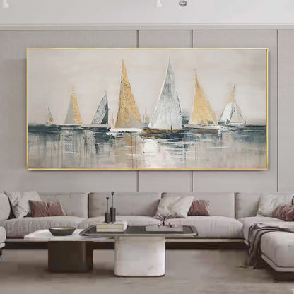 Golden Sailboats hand-painted white, ocean blue and gold textured sailboat seascape painting shown as stretched canvas